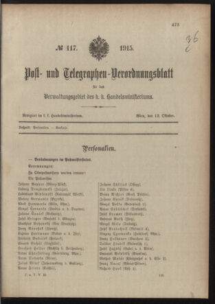 Post- und Telegraphen-Verordnungsblatt für das Verwaltungsgebiet des K.-K. Handelsministeriums 19151012 Seite: 1