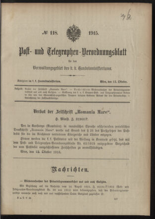 Post- und Telegraphen-Verordnungsblatt für das Verwaltungsgebiet des K.-K. Handelsministeriums 19151015 Seite: 1