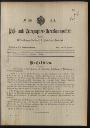 Post- und Telegraphen-Verordnungsblatt für das Verwaltungsgebiet des K.-K. Handelsministeriums 19151020 Seite: 1