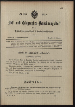 Post- und Telegraphen-Verordnungsblatt für das Verwaltungsgebiet des K.-K. Handelsministeriums 19151025 Seite: 1