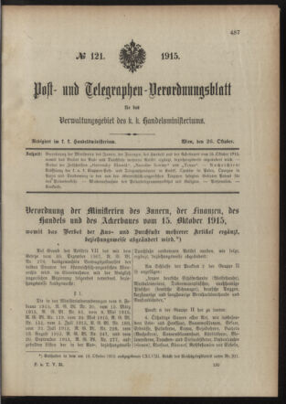 Post- und Telegraphen-Verordnungsblatt für das Verwaltungsgebiet des K.-K. Handelsministeriums 19151026 Seite: 1