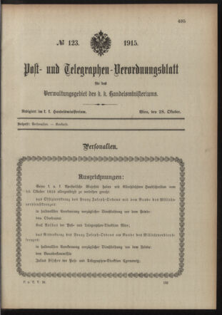 Post- und Telegraphen-Verordnungsblatt für das Verwaltungsgebiet des K.-K. Handelsministeriums 19151028 Seite: 1