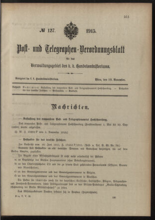 Post- und Telegraphen-Verordnungsblatt für das Verwaltungsgebiet des K.-K. Handelsministeriums 19151110 Seite: 1