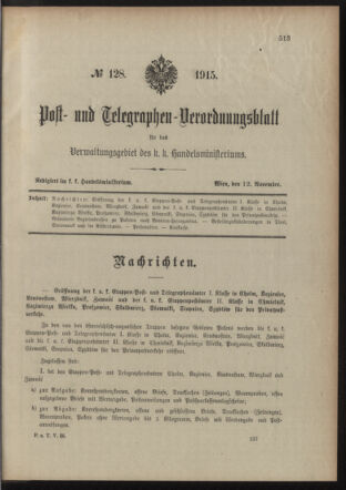 Post- und Telegraphen-Verordnungsblatt für das Verwaltungsgebiet des K.-K. Handelsministeriums 19151112 Seite: 1