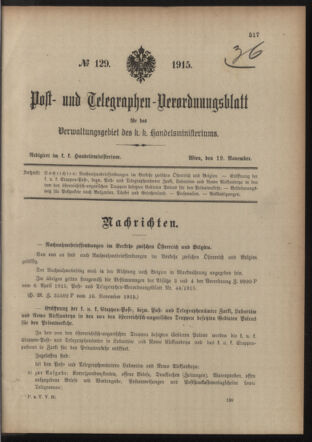 Post- und Telegraphen-Verordnungsblatt für das Verwaltungsgebiet des K.-K. Handelsministeriums 19151119 Seite: 1