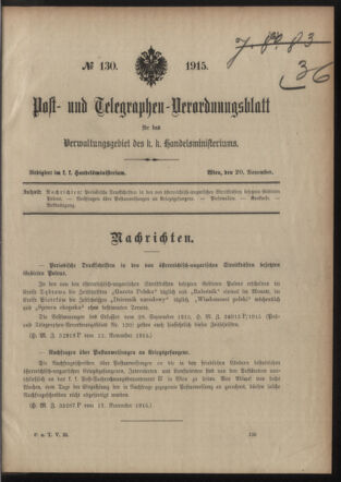 Post- und Telegraphen-Verordnungsblatt für das Verwaltungsgebiet des K.-K. Handelsministeriums 19151120 Seite: 1