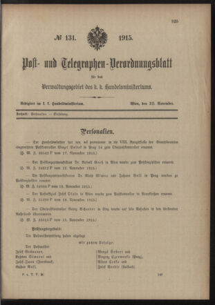 Post- und Telegraphen-Verordnungsblatt für das Verwaltungsgebiet des K.-K. Handelsministeriums 19151123 Seite: 1