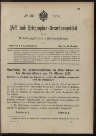 Post- und Telegraphen-Verordnungsblatt für das Verwaltungsgebiet des K.-K. Handelsministeriums 19151125 Seite: 1