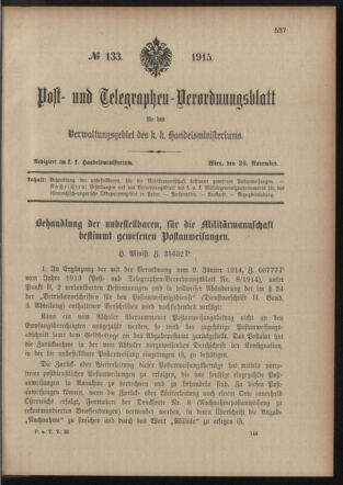 Post- und Telegraphen-Verordnungsblatt für das Verwaltungsgebiet des K.-K. Handelsministeriums 19151126 Seite: 1