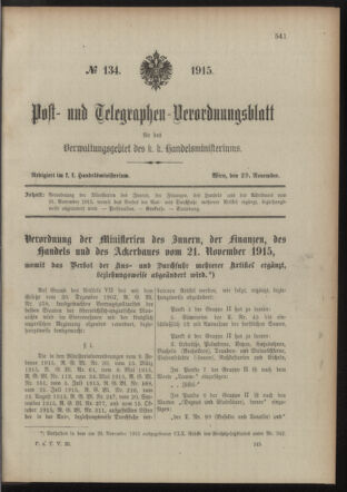 Post- und Telegraphen-Verordnungsblatt für das Verwaltungsgebiet des K.-K. Handelsministeriums 19151129 Seite: 1