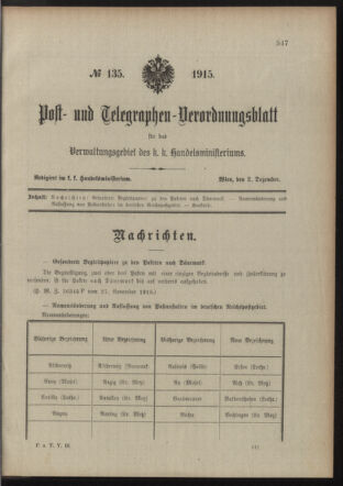 Post- und Telegraphen-Verordnungsblatt für das Verwaltungsgebiet des K.-K. Handelsministeriums 19151202 Seite: 1