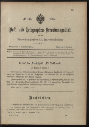 Post- und Telegraphen-Verordnungsblatt für das Verwaltungsgebiet des K.-K. Handelsministeriums 19151206 Seite: 1