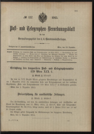 Post- und Telegraphen-Verordnungsblatt für das Verwaltungsgebiet des K.-K. Handelsministeriums 19151210 Seite: 1