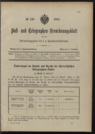 Post- und Telegraphen-Verordnungsblatt für das Verwaltungsgebiet des K.-K. Handelsministeriums 19151211 Seite: 1