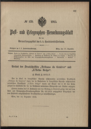 Post- und Telegraphen-Verordnungsblatt für das Verwaltungsgebiet des K.-K. Handelsministeriums 19151217 Seite: 1