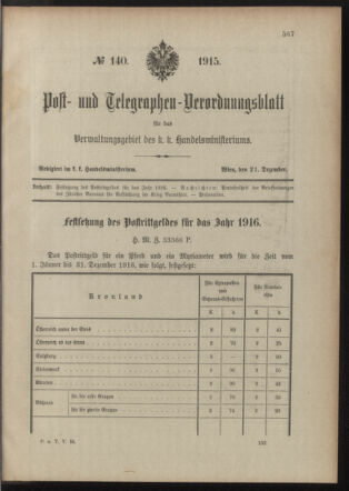 Post- und Telegraphen-Verordnungsblatt für das Verwaltungsgebiet des K.-K. Handelsministeriums 19151221 Seite: 1