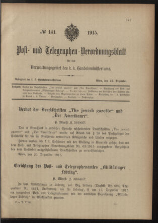 Post- und Telegraphen-Verordnungsblatt für das Verwaltungsgebiet des K.-K. Handelsministeriums 19151223 Seite: 1