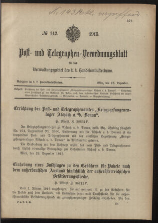 Post- und Telegraphen-Verordnungsblatt für das Verwaltungsgebiet des K.-K. Handelsministeriums 19151228 Seite: 1