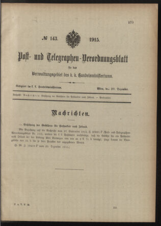 Post- und Telegraphen-Verordnungsblatt für das Verwaltungsgebiet des K.-K. Handelsministeriums 19151229 Seite: 1