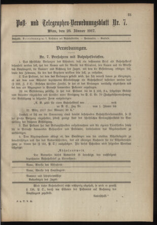 Post- und Telegraphen-Verordnungsblatt für das Verwaltungsgebiet des K.-K. Handelsministeriums 19170123 Seite: 1