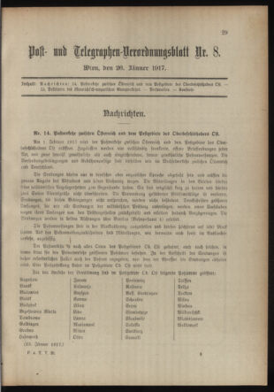 Post- und Telegraphen-Verordnungsblatt für das Verwaltungsgebiet des K.-K. Handelsministeriums 19170126 Seite: 1