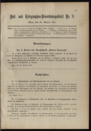 Post- und Telegraphen-Verordnungsblatt für das Verwaltungsgebiet des K.-K. Handelsministeriums 19170130 Seite: 1