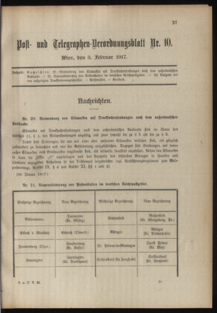 Post- und Telegraphen-Verordnungsblatt für das Verwaltungsgebiet des K.-K. Handelsministeriums 19170203 Seite: 1