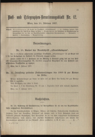 Post- und Telegraphen-Verordnungsblatt für das Verwaltungsgebiet des K.-K. Handelsministeriums 19170210 Seite: 1