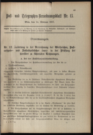 Post- und Telegraphen-Verordnungsblatt für das Verwaltungsgebiet des K.-K. Handelsministeriums 19170214 Seite: 1