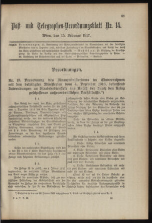 Post- und Telegraphen-Verordnungsblatt für das Verwaltungsgebiet des K.-K. Handelsministeriums 19170215 Seite: 1