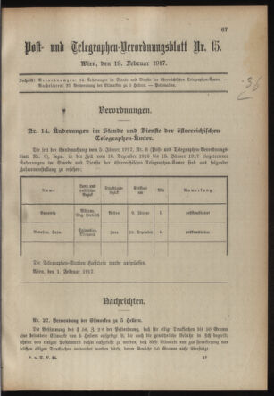 Post- und Telegraphen-Verordnungsblatt für das Verwaltungsgebiet des K.-K. Handelsministeriums 19170219 Seite: 1