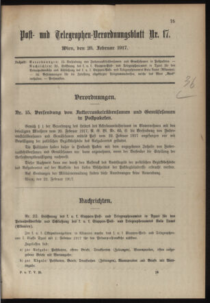 Post- und Telegraphen-Verordnungsblatt für das Verwaltungsgebiet des K.-K. Handelsministeriums 19170228 Seite: 1