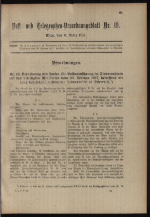 Post- und Telegraphen-Verordnungsblatt für das Verwaltungsgebiet des K.-K. Handelsministeriums 19170306 Seite: 1