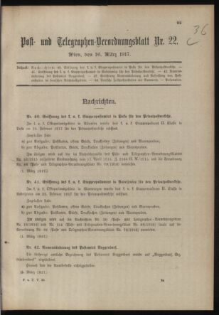 Post- und Telegraphen-Verordnungsblatt für das Verwaltungsgebiet des K.-K. Handelsministeriums 19170316 Seite: 1