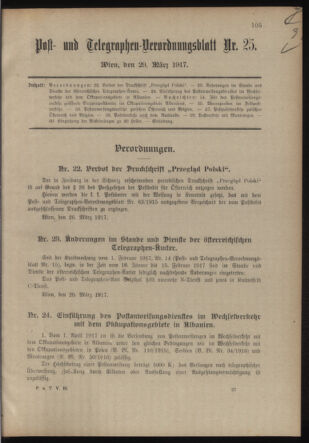 Post- und Telegraphen-Verordnungsblatt für das Verwaltungsgebiet des K.-K. Handelsministeriums 19170329 Seite: 1