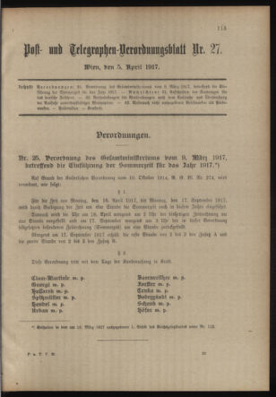 Post- und Telegraphen-Verordnungsblatt für das Verwaltungsgebiet des K.-K. Handelsministeriums 19170405 Seite: 1