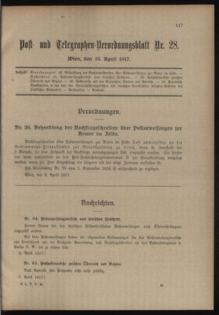 Post- und Telegraphen-Verordnungsblatt für das Verwaltungsgebiet des K.-K. Handelsministeriums 19170413 Seite: 1