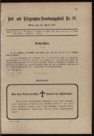 Post- und Telegraphen-Verordnungsblatt für das Verwaltungsgebiet des K.-K. Handelsministeriums 19170423 Seite: 1