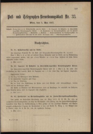 Post- und Telegraphen-Verordnungsblatt für das Verwaltungsgebiet des K.-K. Handelsministeriums 19170505 Seite: 1