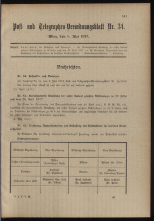 Post- und Telegraphen-Verordnungsblatt für das Verwaltungsgebiet des K.-K. Handelsministeriums 19170509 Seite: 1