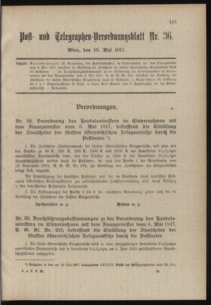 Post- und Telegraphen-Verordnungsblatt für das Verwaltungsgebiet des K.-K. Handelsministeriums 19170516 Seite: 1