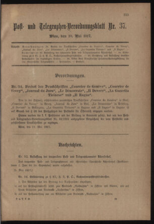 Post- und Telegraphen-Verordnungsblatt für das Verwaltungsgebiet des K.-K. Handelsministeriums 19170519 Seite: 1