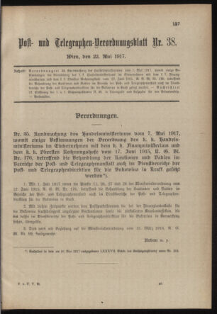 Post- und Telegraphen-Verordnungsblatt für das Verwaltungsgebiet des K.-K. Handelsministeriums 19170522 Seite: 1