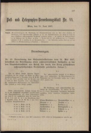 Post- und Telegraphen-Verordnungsblatt für das Verwaltungsgebiet des K.-K. Handelsministeriums 19170615 Seite: 1