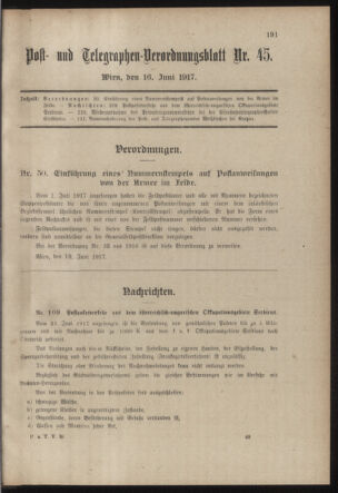 Post- und Telegraphen-Verordnungsblatt für das Verwaltungsgebiet des K.-K. Handelsministeriums 19170616 Seite: 1