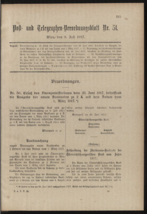 Post- und Telegraphen-Verordnungsblatt für das Verwaltungsgebiet des K.-K. Handelsministeriums 19170709 Seite: 1