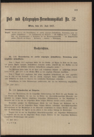 Post- und Telegraphen-Verordnungsblatt für das Verwaltungsgebiet des K.-K. Handelsministeriums 19170720 Seite: 1