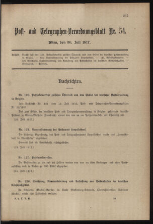 Post- und Telegraphen-Verordnungsblatt für das Verwaltungsgebiet des K.-K. Handelsministeriums 19170730 Seite: 1