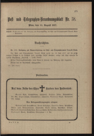 Post- und Telegraphen-Verordnungsblatt für das Verwaltungsgebiet des K.-K. Handelsministeriums 19170816 Seite: 1