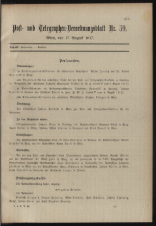 Post- und Telegraphen-Verordnungsblatt für das Verwaltungsgebiet des K.-K. Handelsministeriums 19170817 Seite: 1